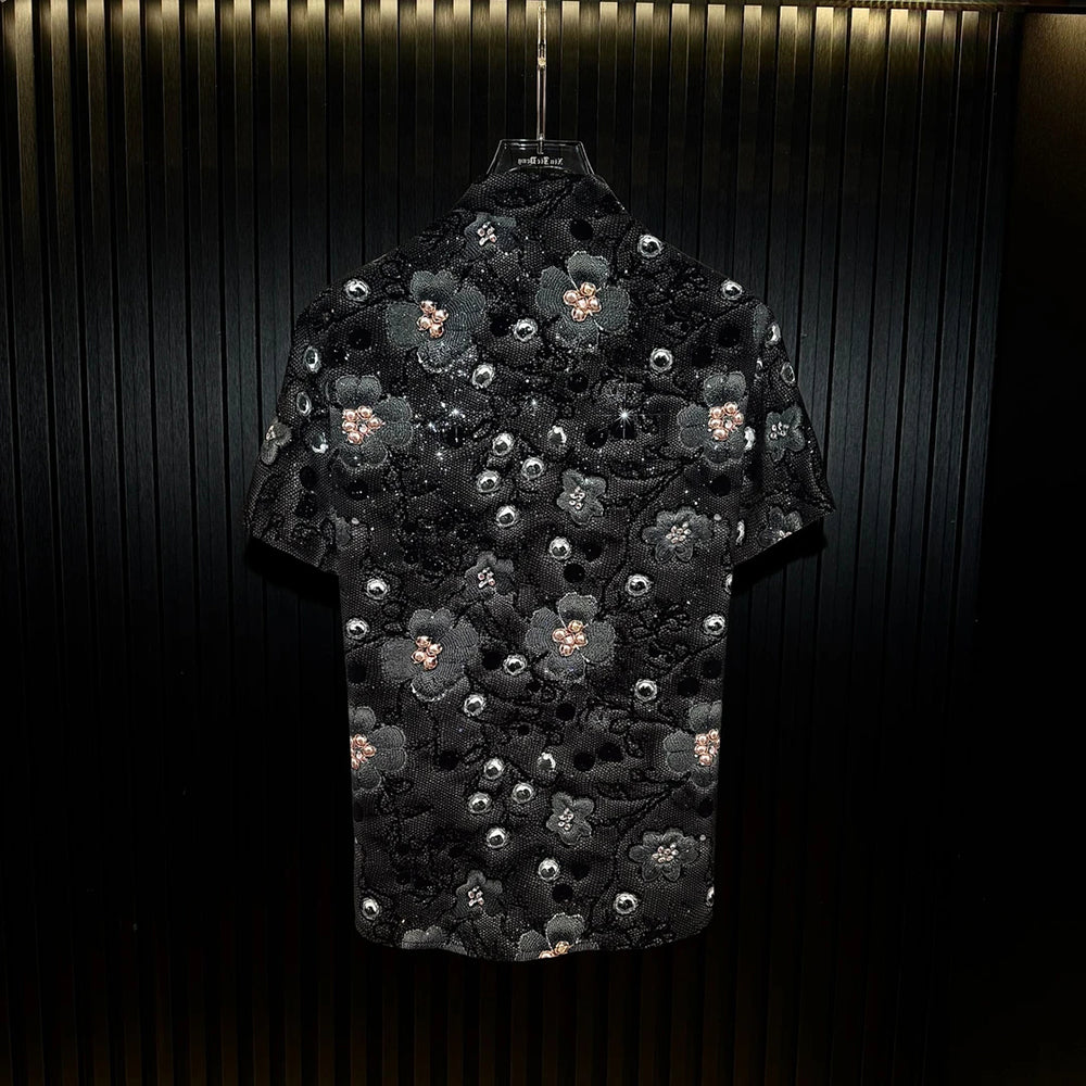 3D Floral Flocking Rhinestone Mandarin Collar Short Sleeve Shirt