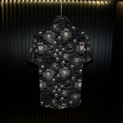 3D Floral Flocking Rhinestone Mandarin Collar Short Sleeve Shirt