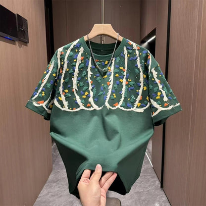 Wave Outline Granular Textured Crew Neck Short Sleeve T-Shirt