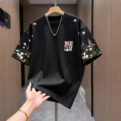 Sleeve Floral Letter Print Casual Crew Neck T-shirt