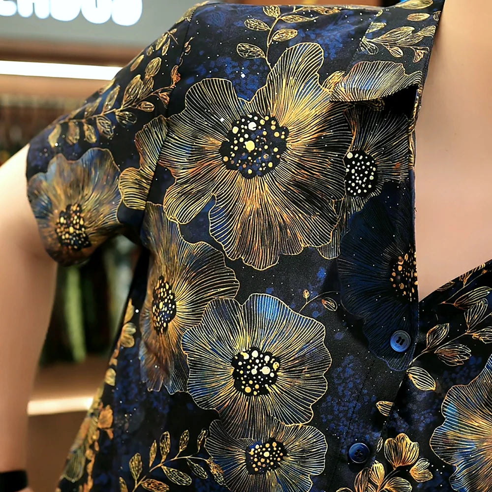 Vintage Sunflower & Leaf Allover Print Glossy Short Sleeve Lapel Shirt