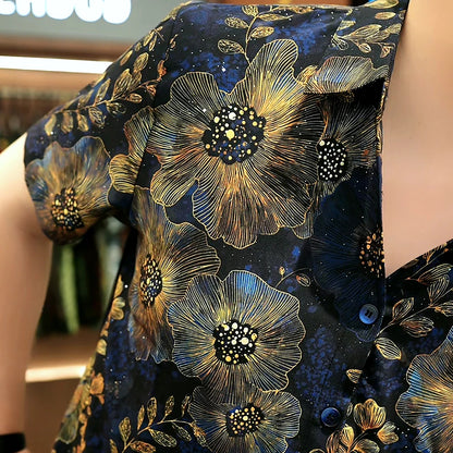 Vintage Sunflower & Leaf Allover Print Glossy Short Sleeve Lapel Shirt