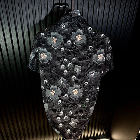 3D Floral Flocking Rhinestone Mandarin Collar Short Sleeve Shirt