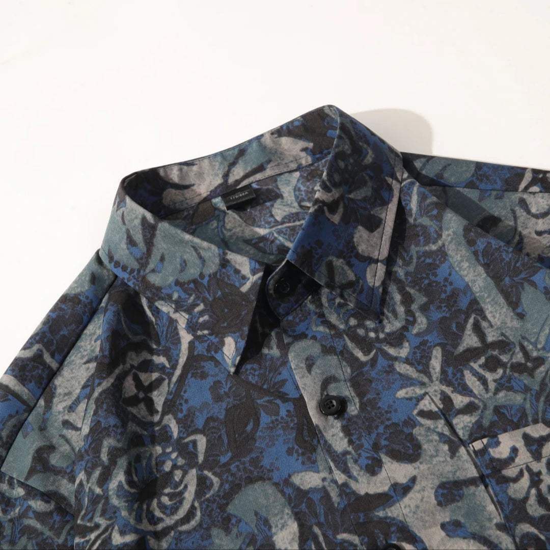 Vintage Botanical Floral Print Short‑Sleeve Collared Shirt