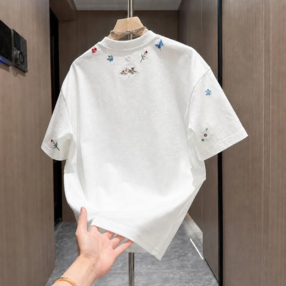 Scattered Floral Fan Embroidery Loose Crew Neck T-Shirt