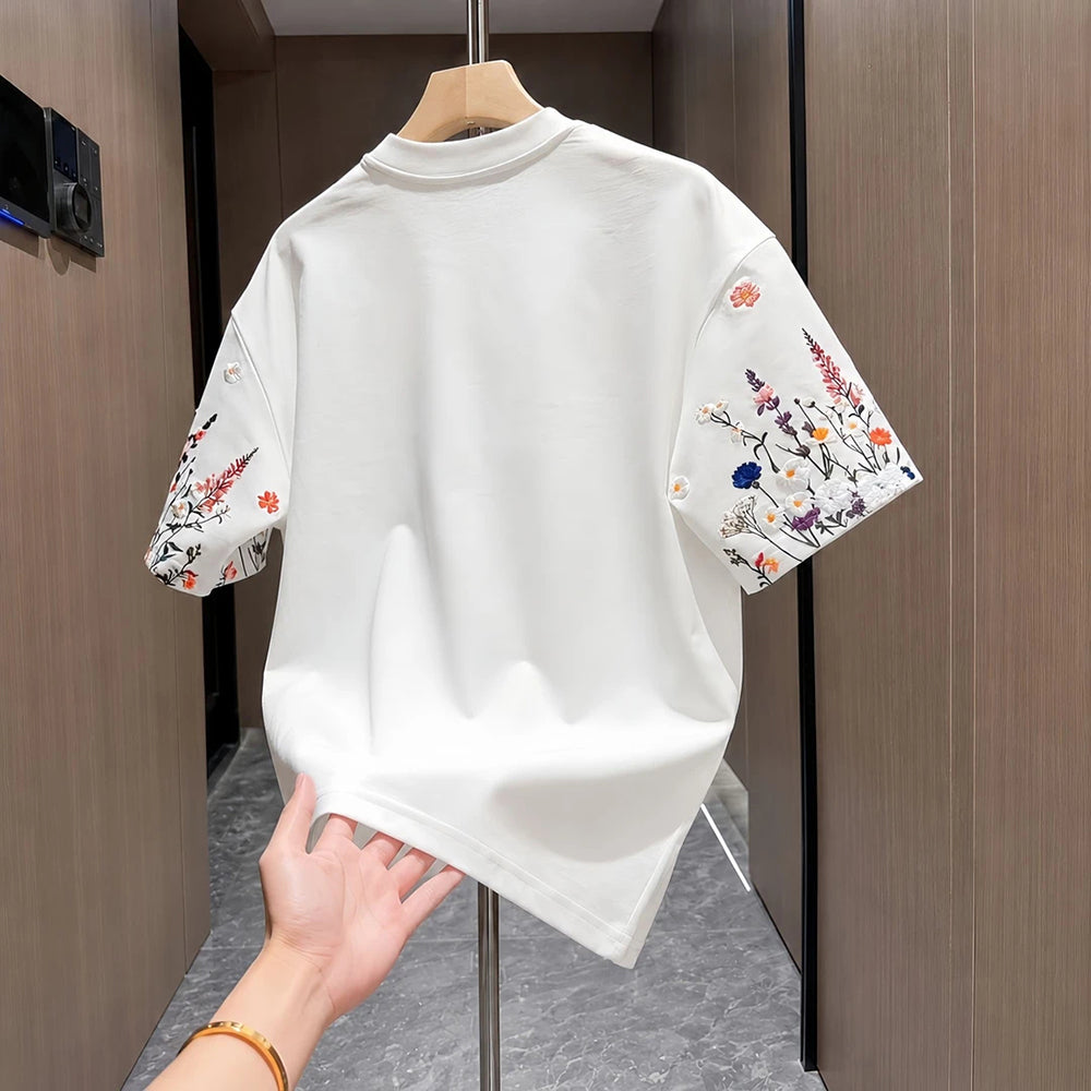 Sleeve Floral Letter Print Casual Crew Neck T-shirt