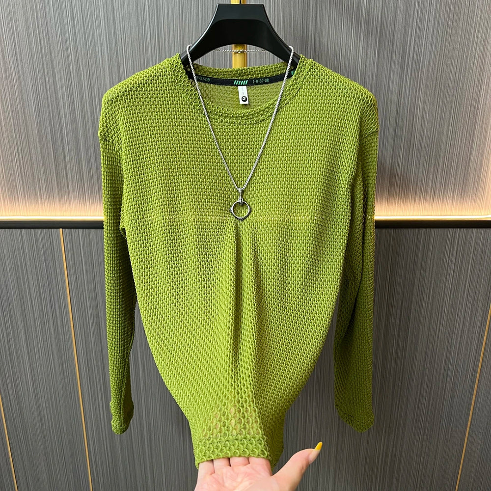Textured Mesh Crew Neck Long‑Sleeve Top