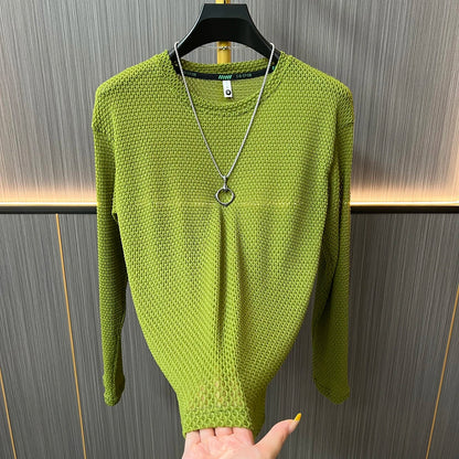 Textured Mesh Crew Neck Long‑Sleeve Top