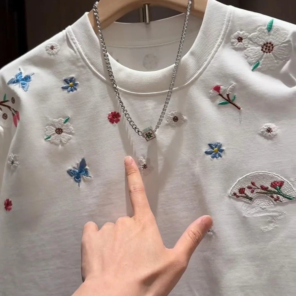 Scattered Floral Fan Embroidery Loose Crew Neck T-Shirt
