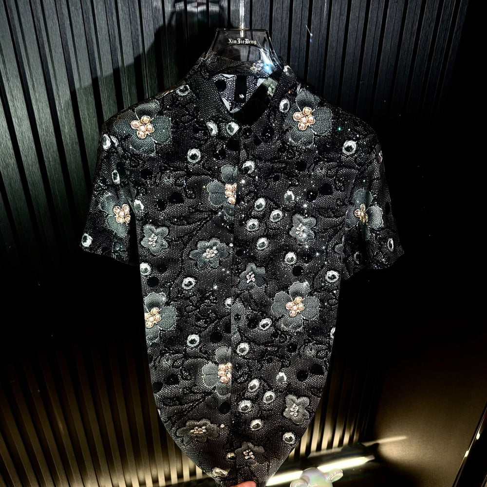 3D Floral Flocking Rhinestone Mandarin Collar Short Sleeve Shirt