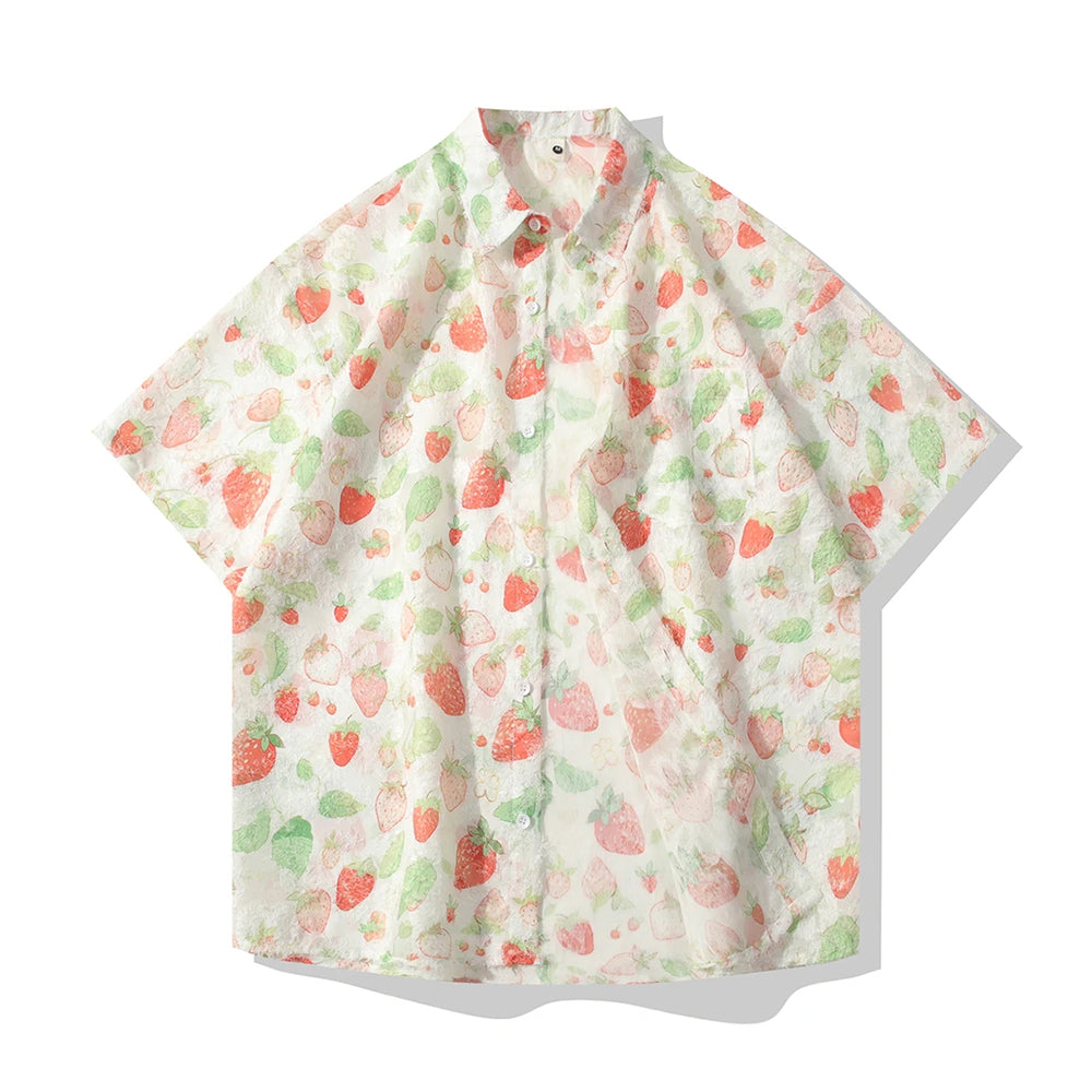 Watercolor Floral Raw Texture Lapel Short Sleeve Shirt