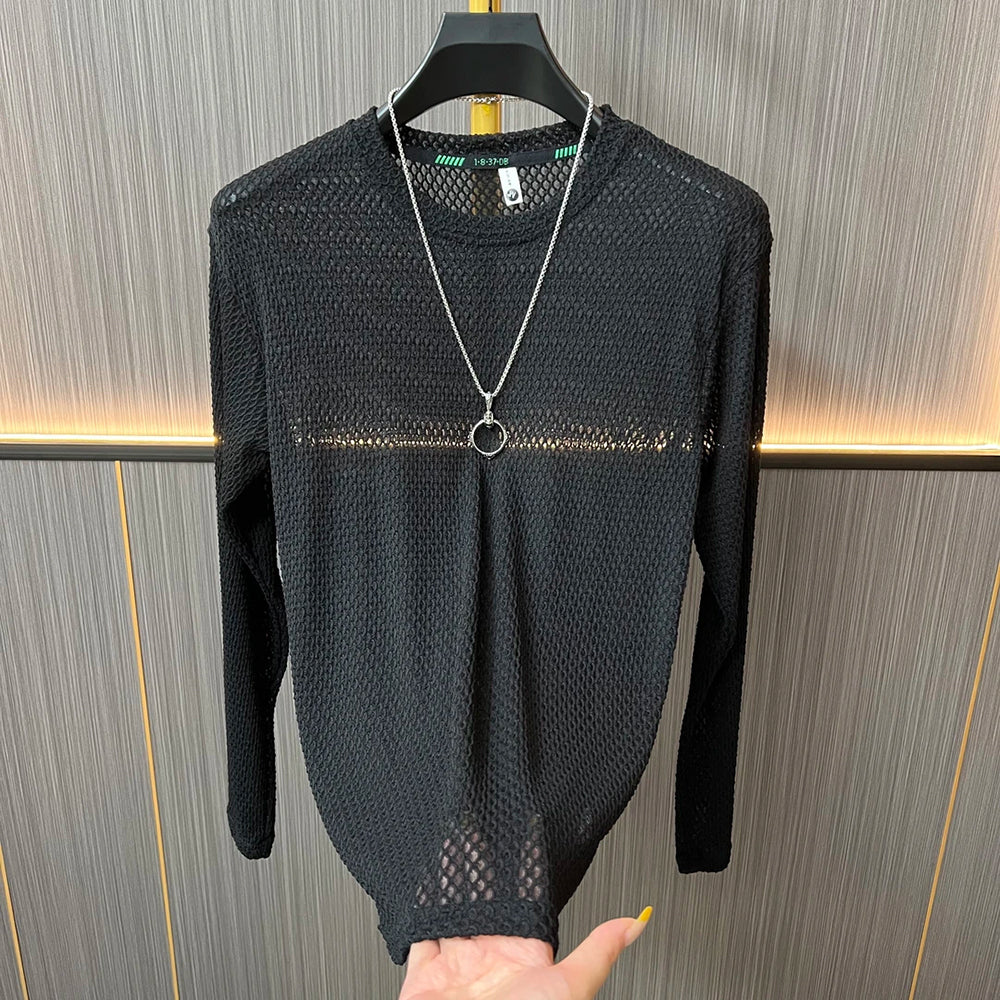 Textured Mesh Crew Neck Long‑Sleeve Top