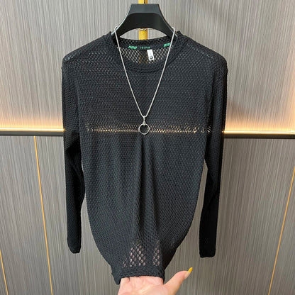 Textured Mesh Crew Neck Long‑Sleeve Top