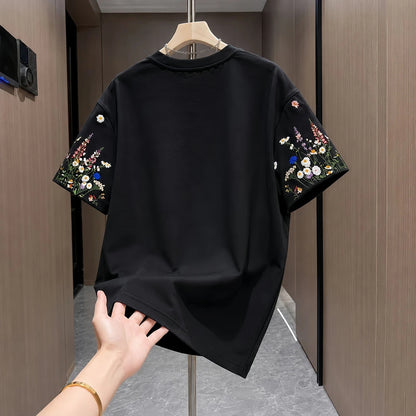 Sleeve Floral Letter Print Casual Crew Neck T-shirt