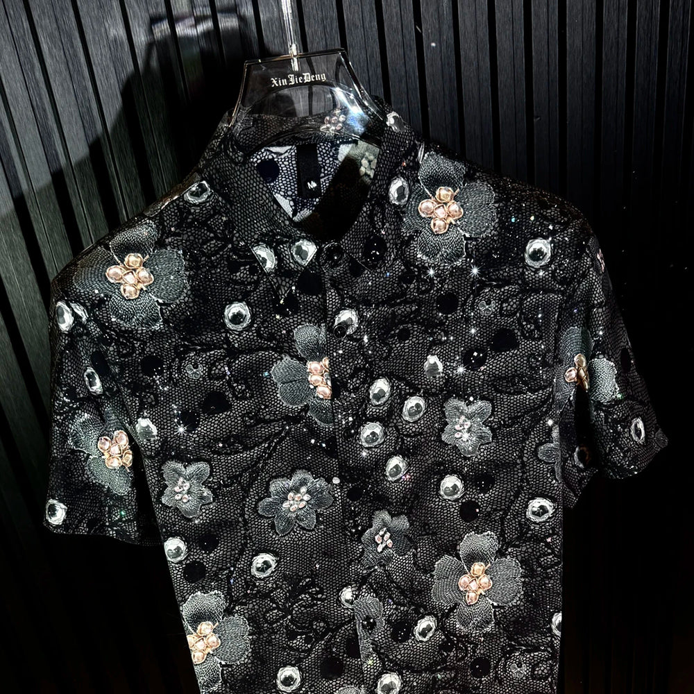 3D Floral Flocking Rhinestone Mandarin Collar Short Sleeve Shirt