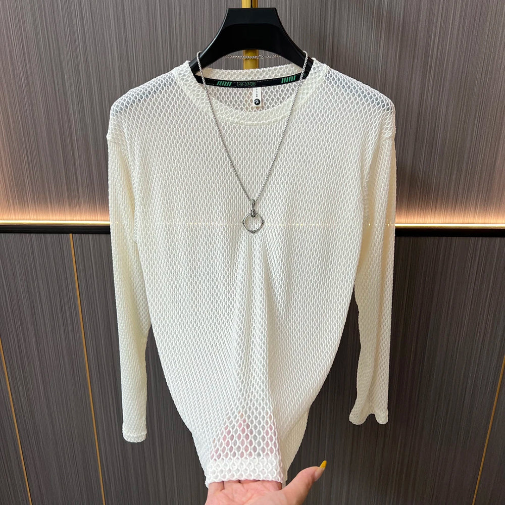 Textured Mesh Crew Neck Long‑Sleeve Top