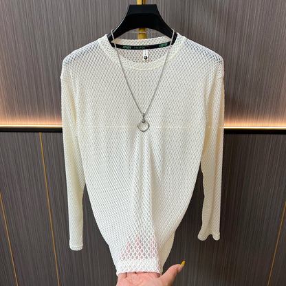 Textured Mesh Crew Neck Long‑Sleeve Top
