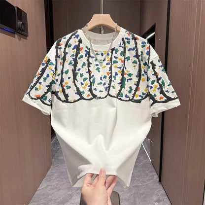 Wave Outline Granular Textured Crew Neck Short Sleeve T-Shirt